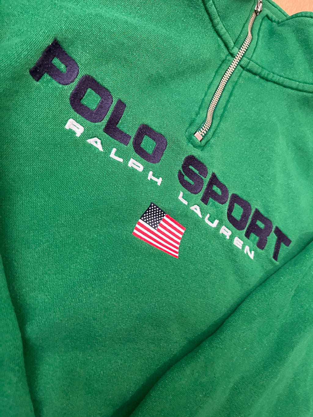 Polo Sport Ralph Lauren green quarter zip embroidered logo close up